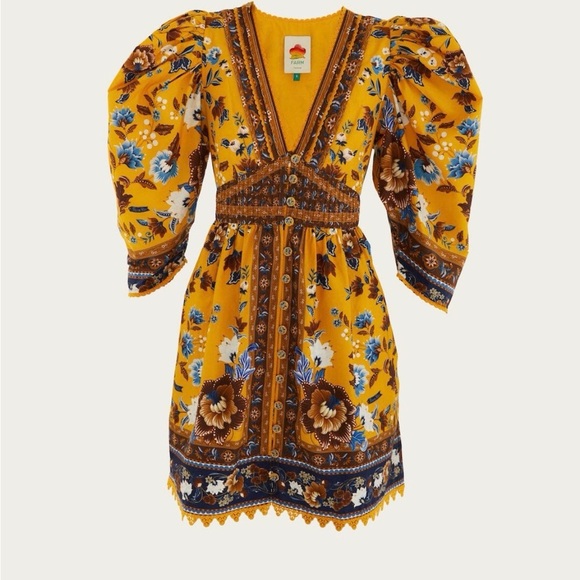 NWT🌼FARM Rio🌼Yellow Floral Mini Dress with Blue & Brown Accents